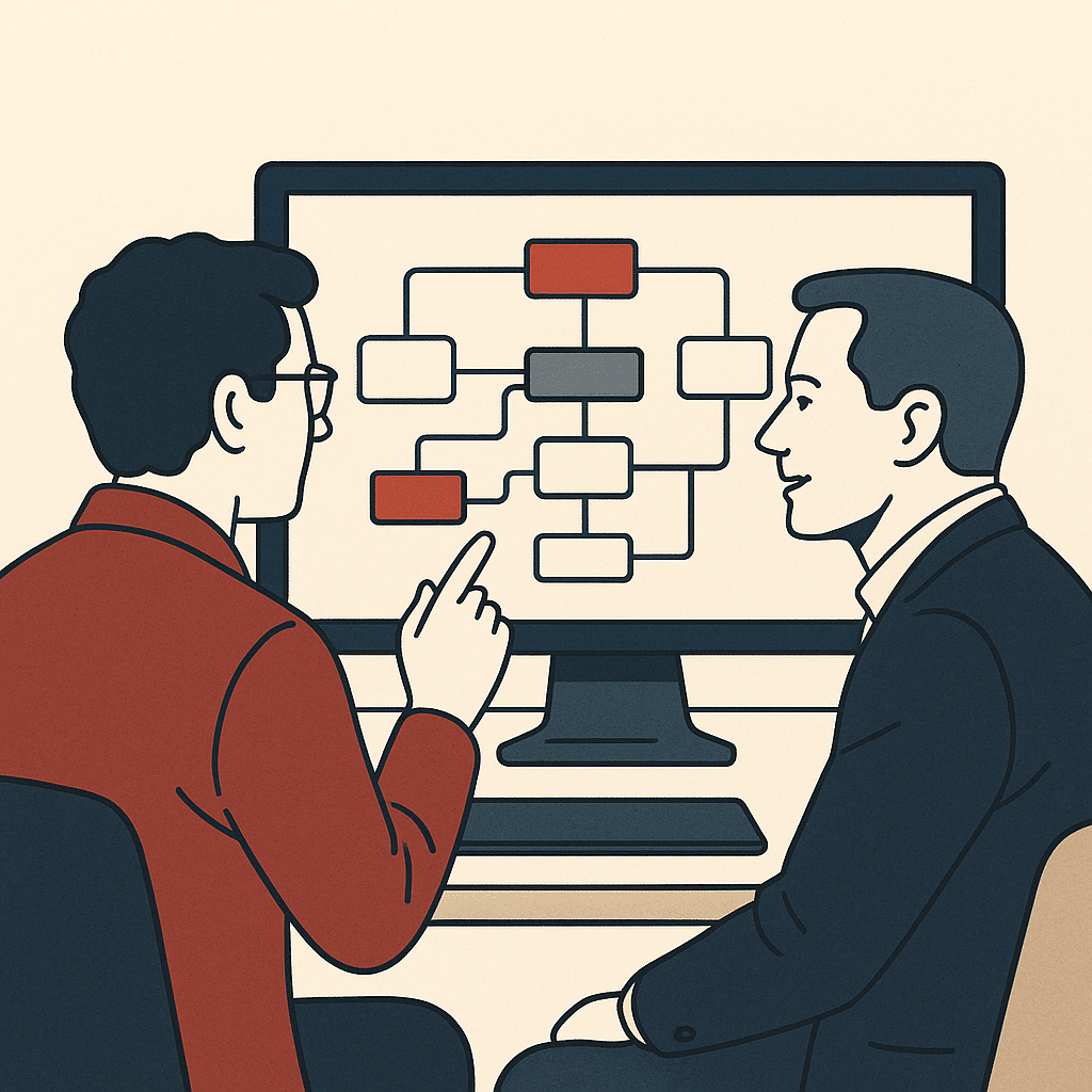 A software architect and a business owner reviewing a tailored digital workflow on a large monitor, the screen showing a