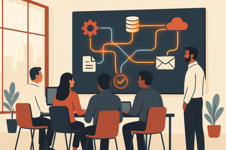 A modern operations team in a bright open-plan office watching a large wall screen that visually maps connected business