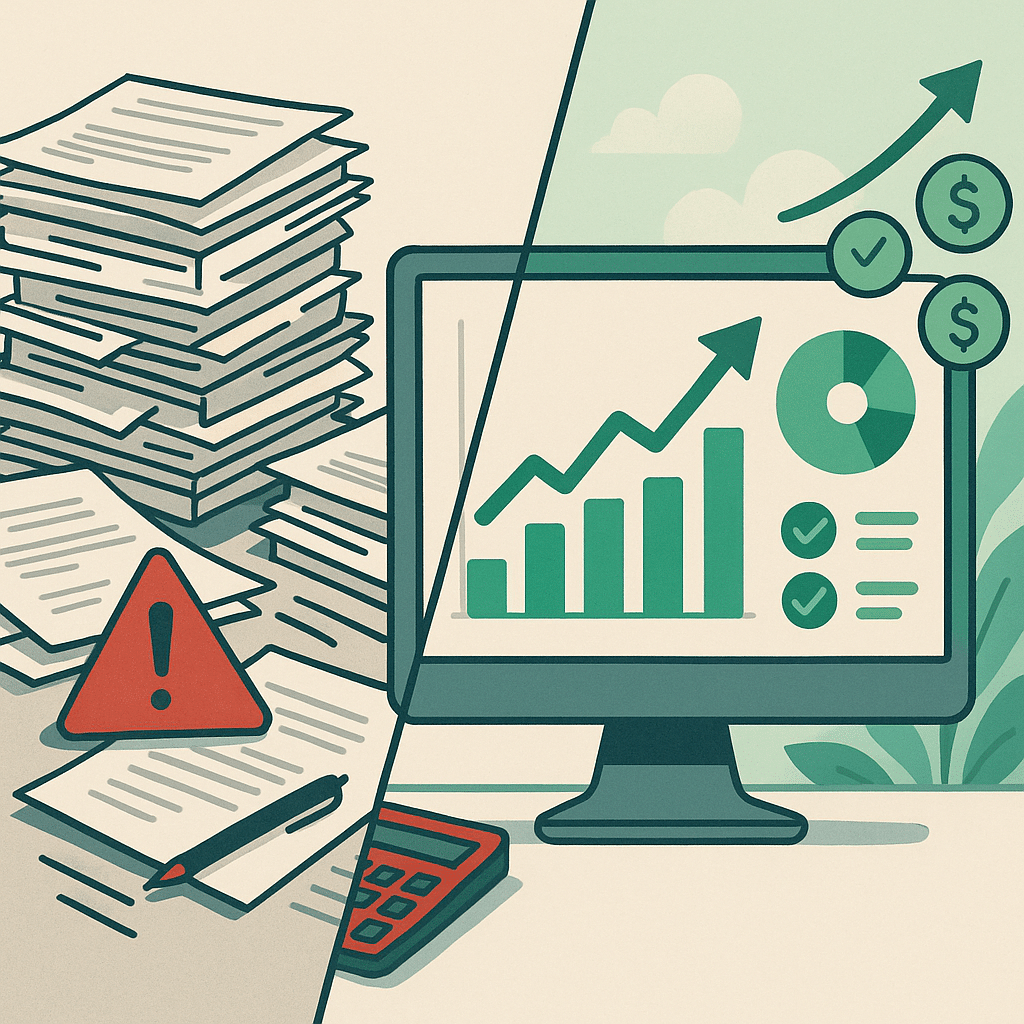 A split visual showing a cluttered desk of paperwork transforming into a clean automated dashboard with rising efficienc