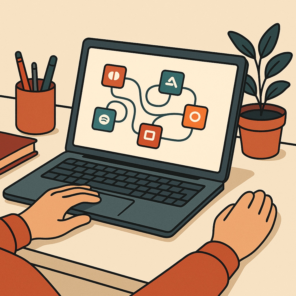 An organized workspace showing a laptop screen with a visual automation builder connecting colorful app nodes with flowi