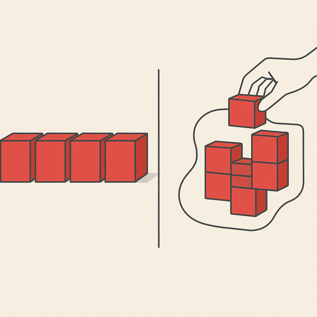 A conceptual side-by-side of a rigid identical row of boxed products versus a tailored modular structure being assembled