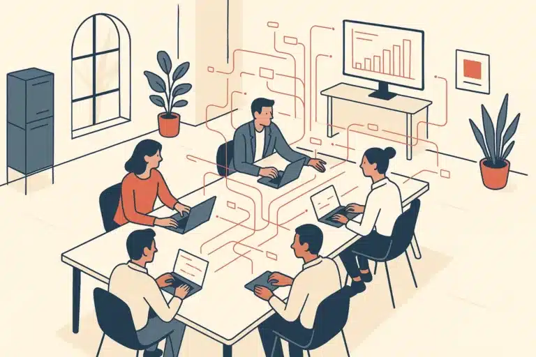 A modern office with team members collaborating around a large table, connected by holographic data flows and workflow lines.
