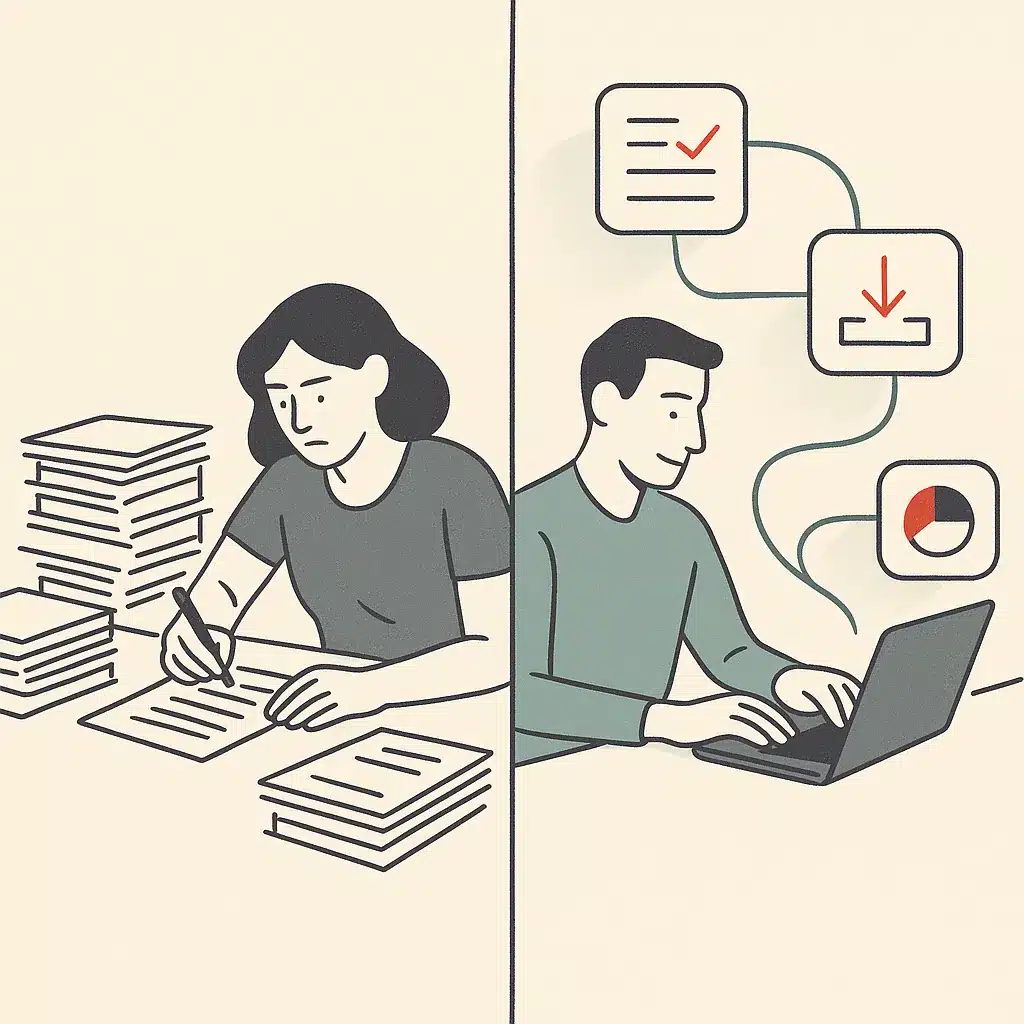 A split-scene depicting manual paperwork and data entry transitioning to an automated digital workflow with connecting lines.
