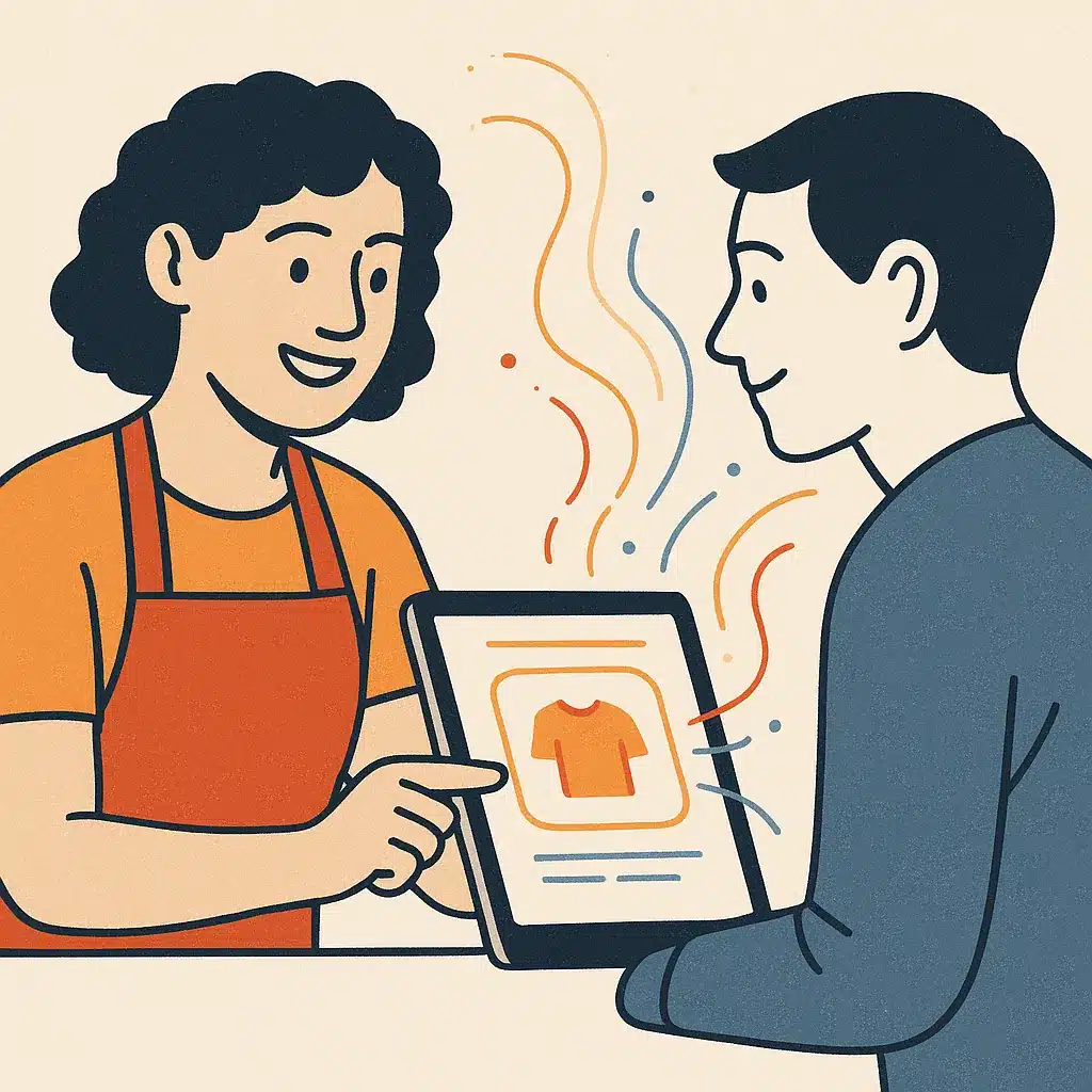 A customer interacts with a service representative who provides a personalized recommendation on a digital screen.