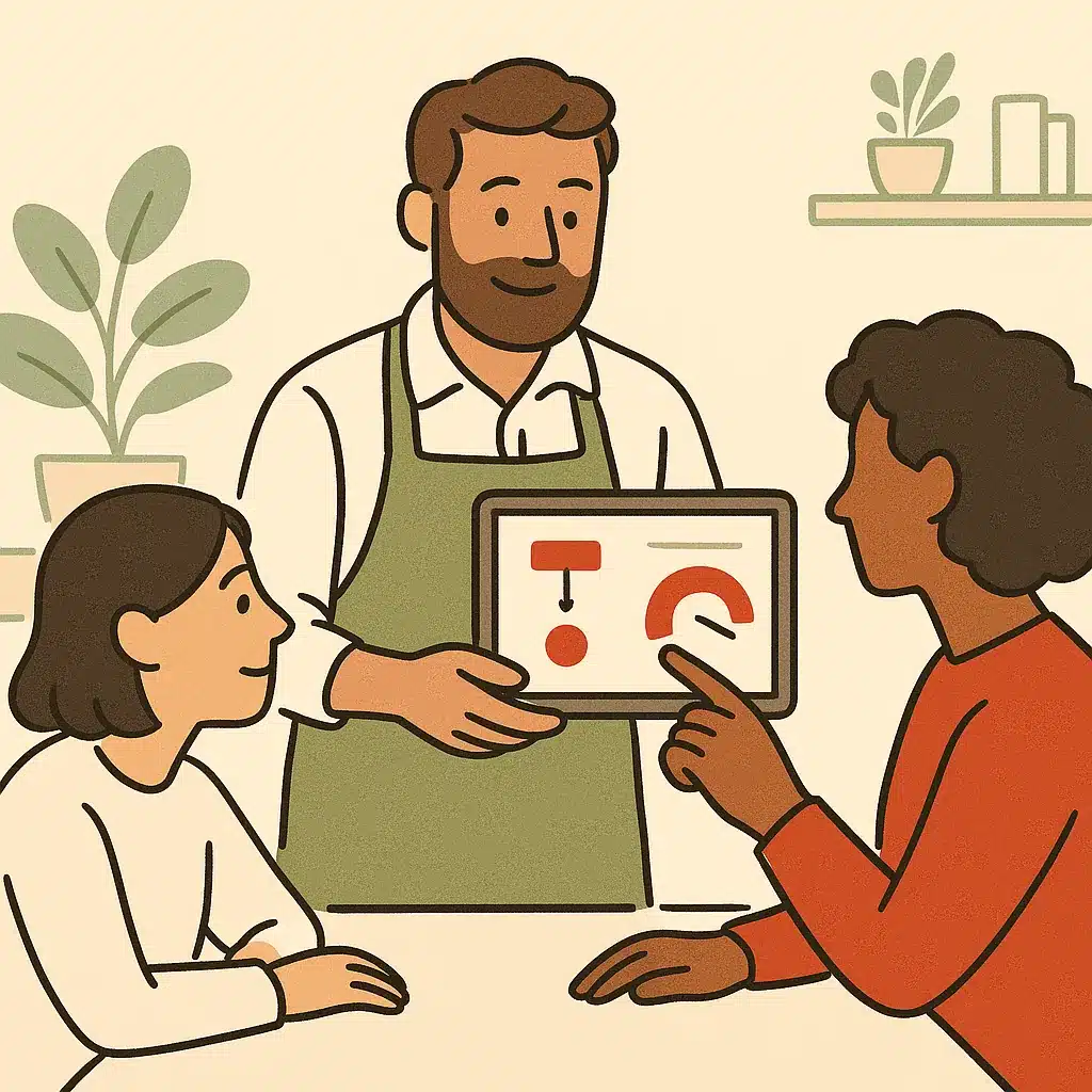 A small business owner and team members review a dashboard on a tablet, pointing at an automated workflow with time-saved metrics.