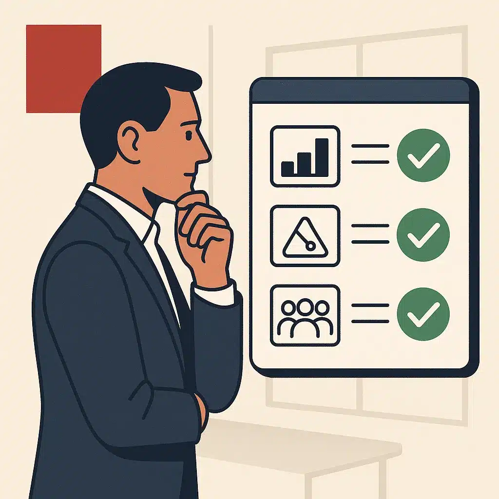 A checklist displaying readiness factors for AI implementation, featuring icons for data quality, defined problems, and team adoption.