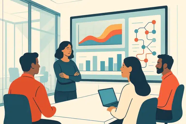 A modern operations team collaborates around a large interactive dashboard displaying colorful charts in a bright office.