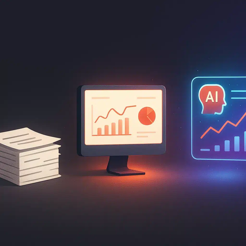A timeline displaying a stack of paper printouts, an interactive dashboard on a monitor, and a floating AI interface from left to right.