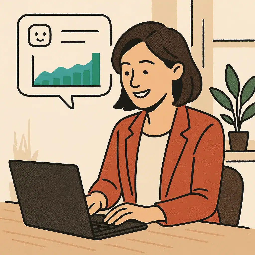 A smiling office worker in casual attire types a question into a laptop with a friendly AI chat interface displaying a chart.