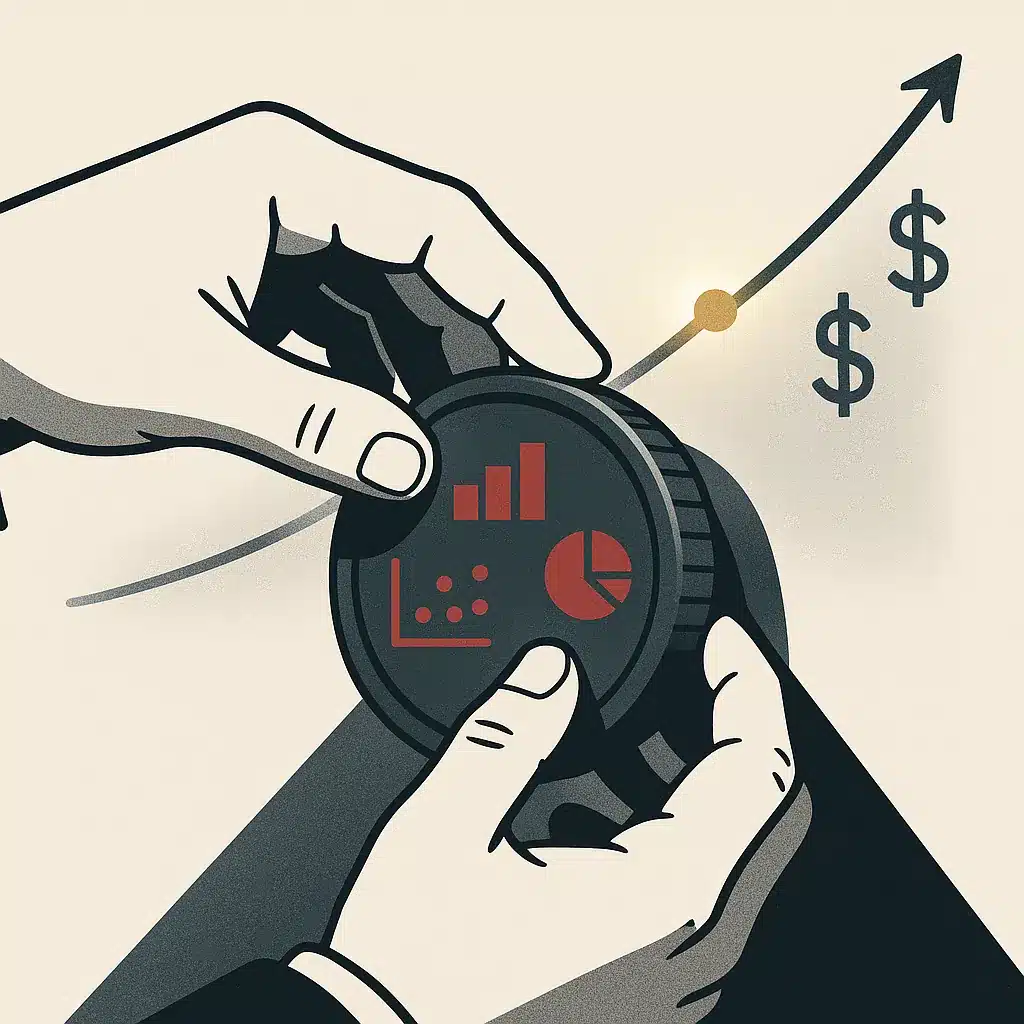 Hands adjusting a dial marked with abstract data icons, with glowing upward-trending lines and dollar-value indicators in the background.