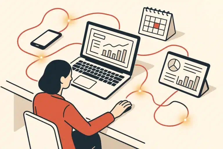 A modern business desk with a laptop, phone, calendar, and CRM dashboard connected by glowing lines, symbolizing automation.