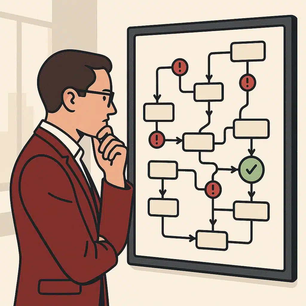 A business analyst examines a digital wall display mapping interconnected business processes with nodes and priority markers.