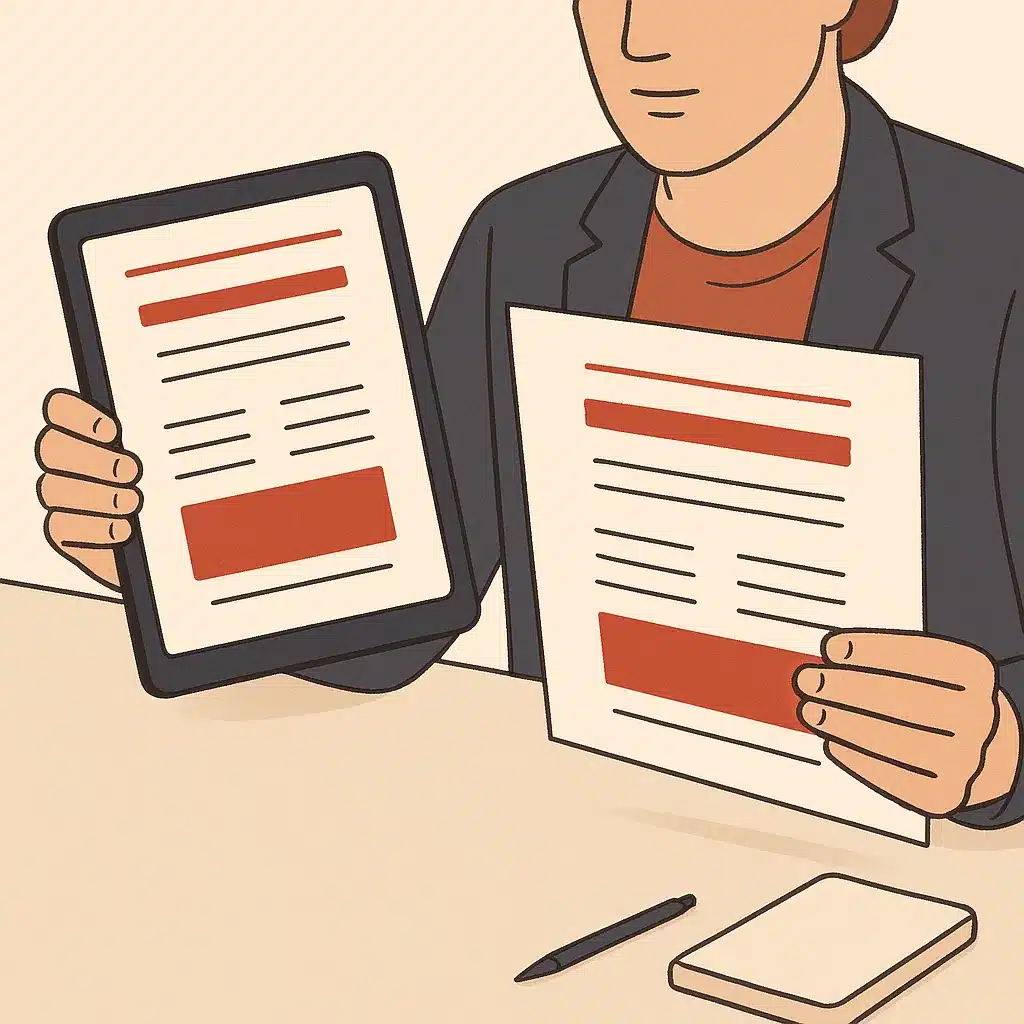 A business owner reviews two pricing proposals on a tablet and printed sheet while sitting at a desk.