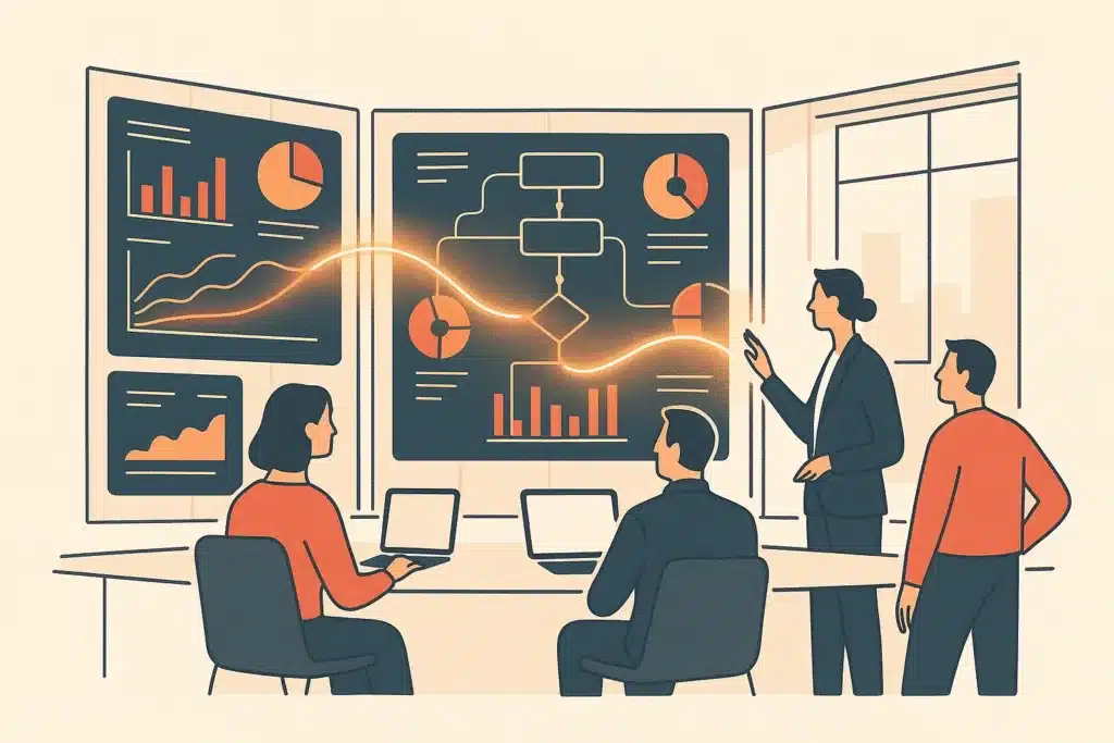 A modern operations control room with a team reviewing workflow dashboards on large screens in a bright, minimalist workspace.