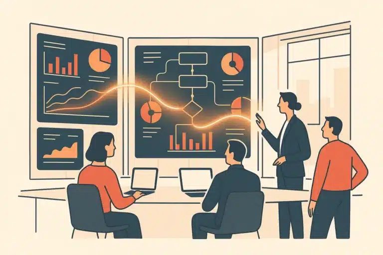 A modern operations control room with a team reviewing workflow dashboards on large screens in a bright, minimalist workspace.