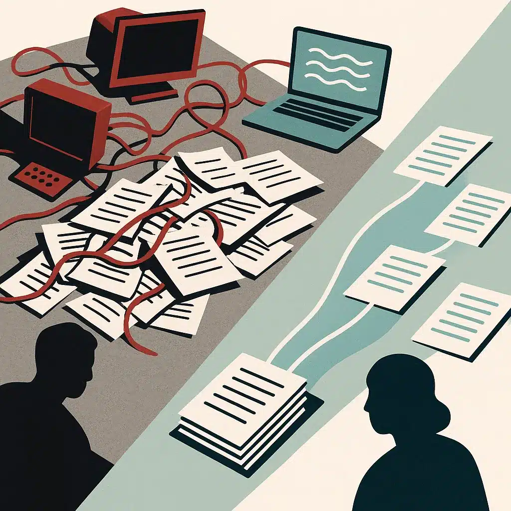 A cluttered desk with tangled paper documents and disconnected computer terminals on one side, transitioning to organized digital streams on the other.