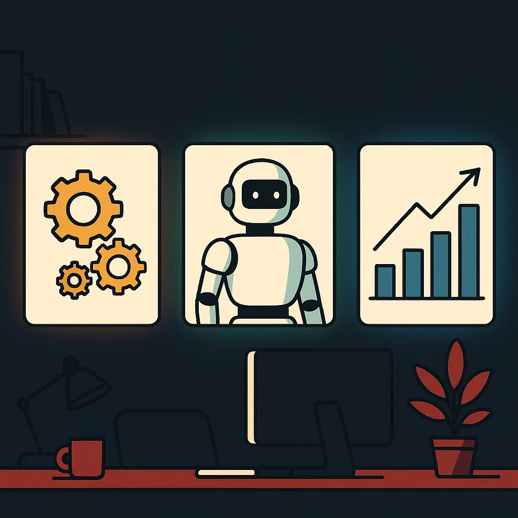 Three glowing panels in a dark workspace display automated gears, a robotic assistant, and rising analytics charts.