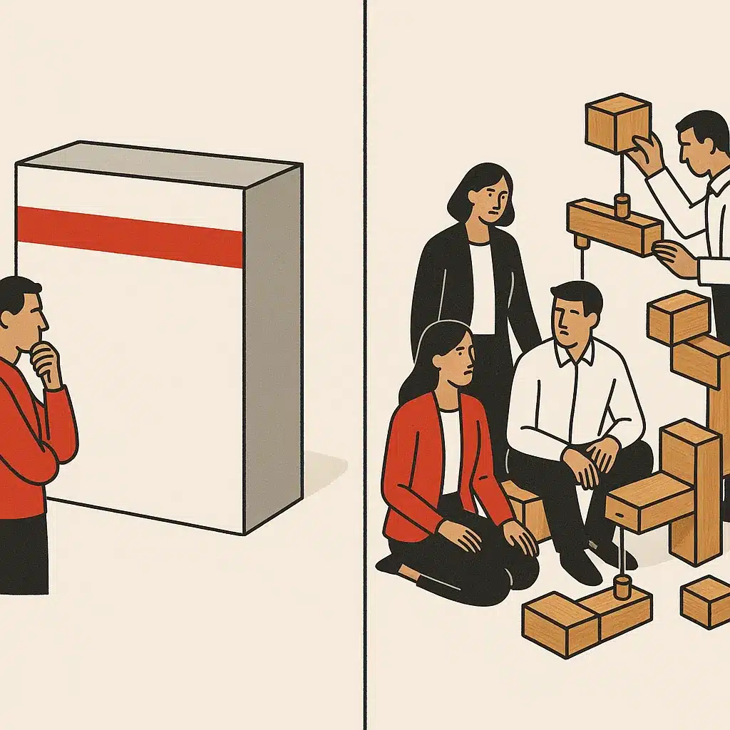 A split-screen shows a boxed software product on one side and a business team assembling a custom modular system on the other.