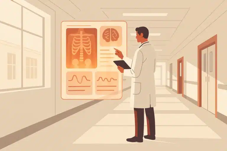 A physician reviews a holographic patient dashboard in a modern hospital corridor with large windows and natural daylight.