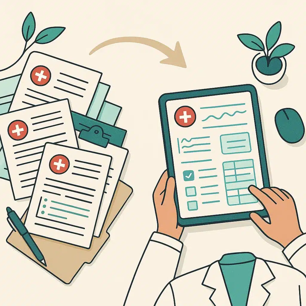A healthcare administrator's desk shows a transition from cluttered paper forms to an organized digital tablet dashboard.