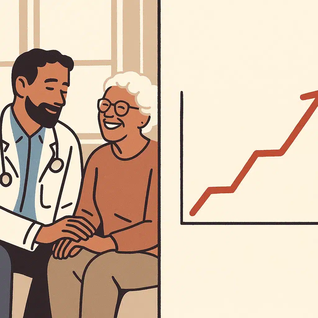 A doctor interacts with a smiling elderly patient while a rising line chart of reclaimed staff hours is displayed beside them.