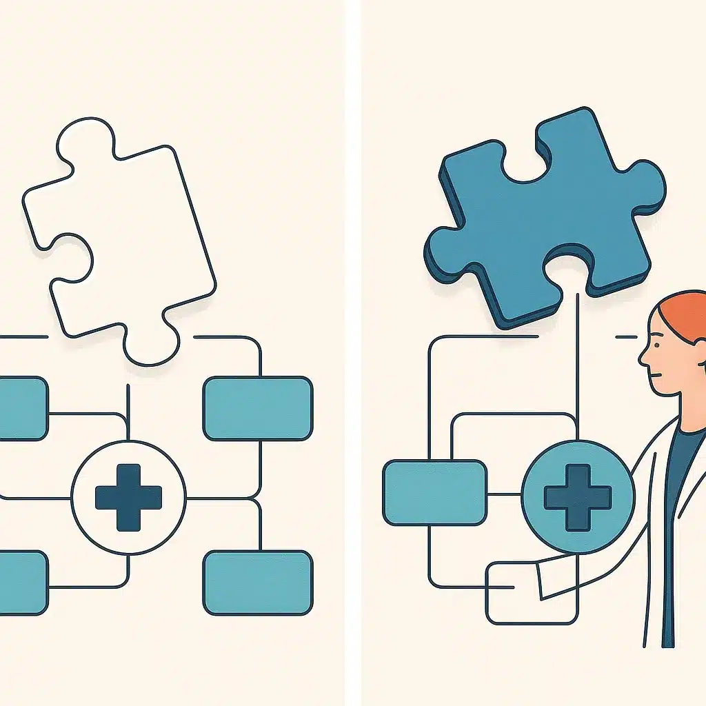 A rigid puzzle piece sits beside a custom piece fitting perfectly into a healthcare workflow diagram.