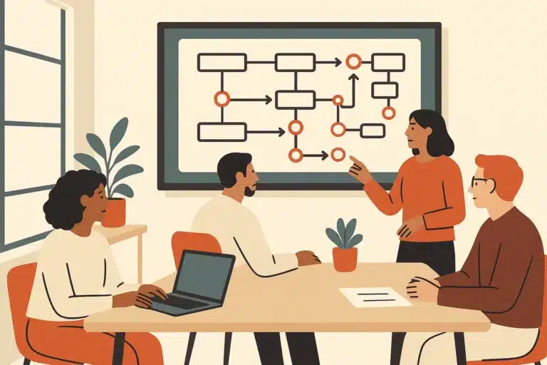 A diverse team collaborates in a modern office, reviewing a large wall-mounted dashboard with workflow diagrams and task queues.