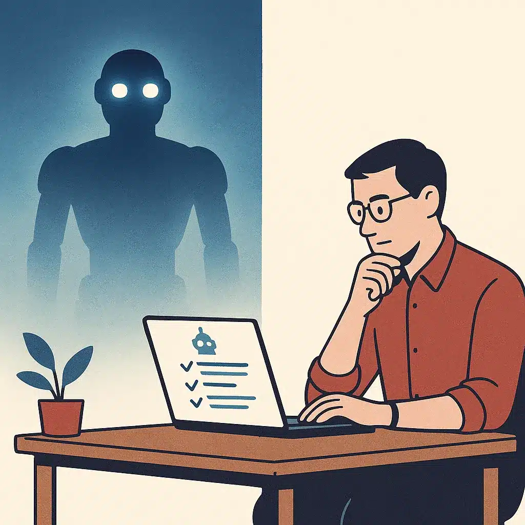 A glowing robot silhouette fades into mist on one side, while a calm office worker reviews an AI checklist on a laptop on the other.