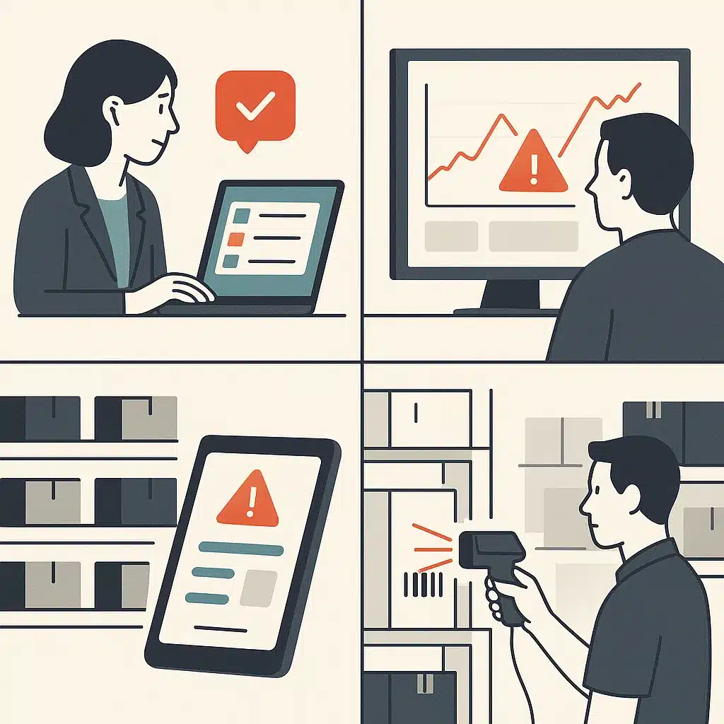 A clean four-panel grid illustrating AI at work across business functions—a support inbox being sorted, a finance