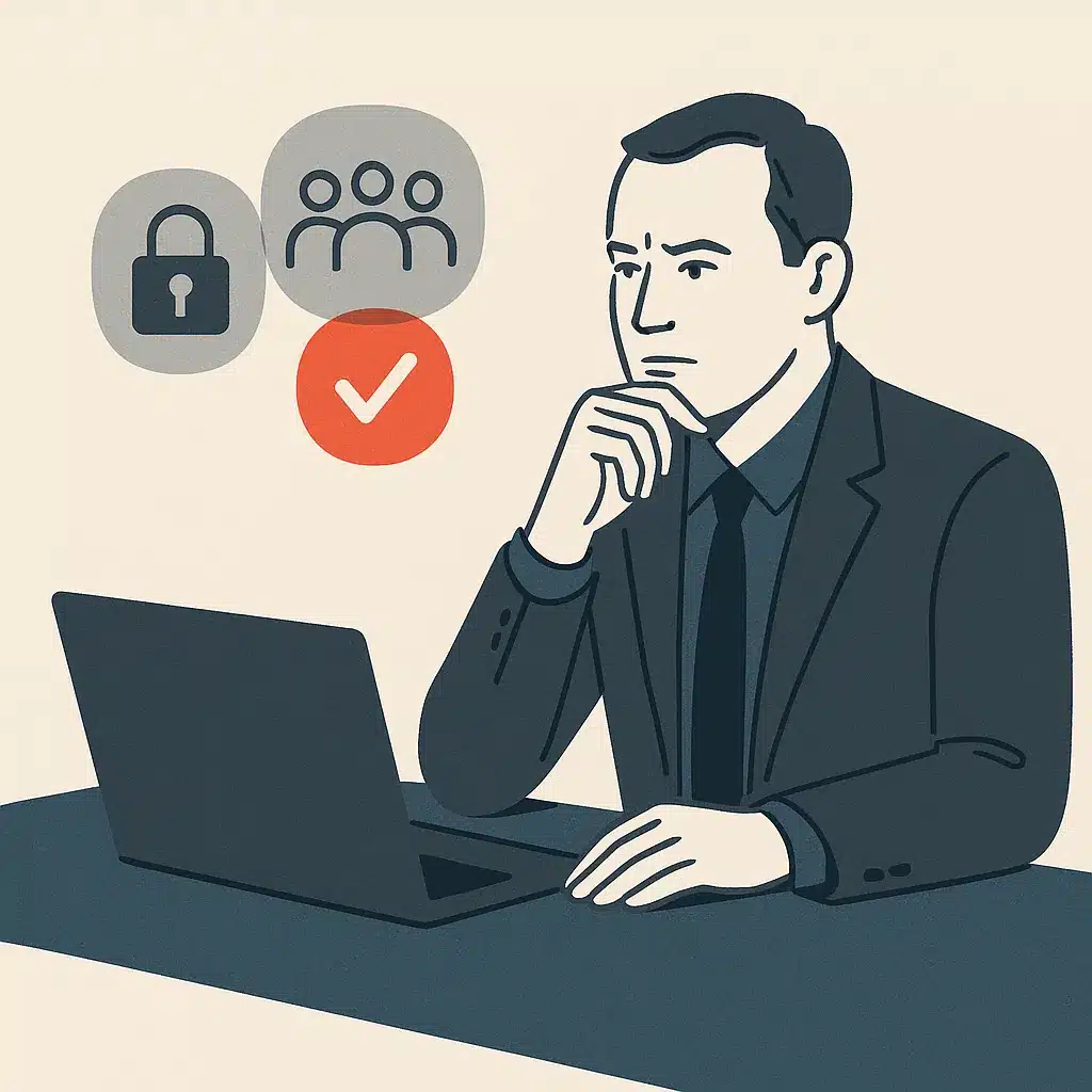 A business leader sits at a desk with an open laptop, contemplating decisions with icons representing data privacy and team members above.