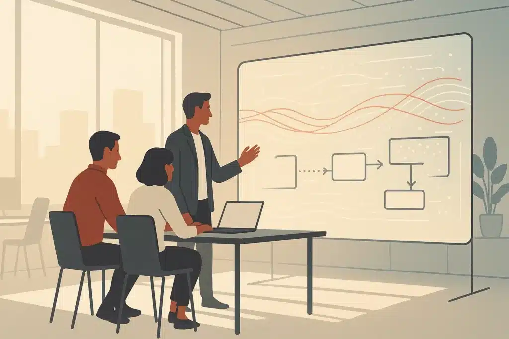 A modern open-plan office with a team collaborating around a glowing screen displaying data streams and workflow diagrams.