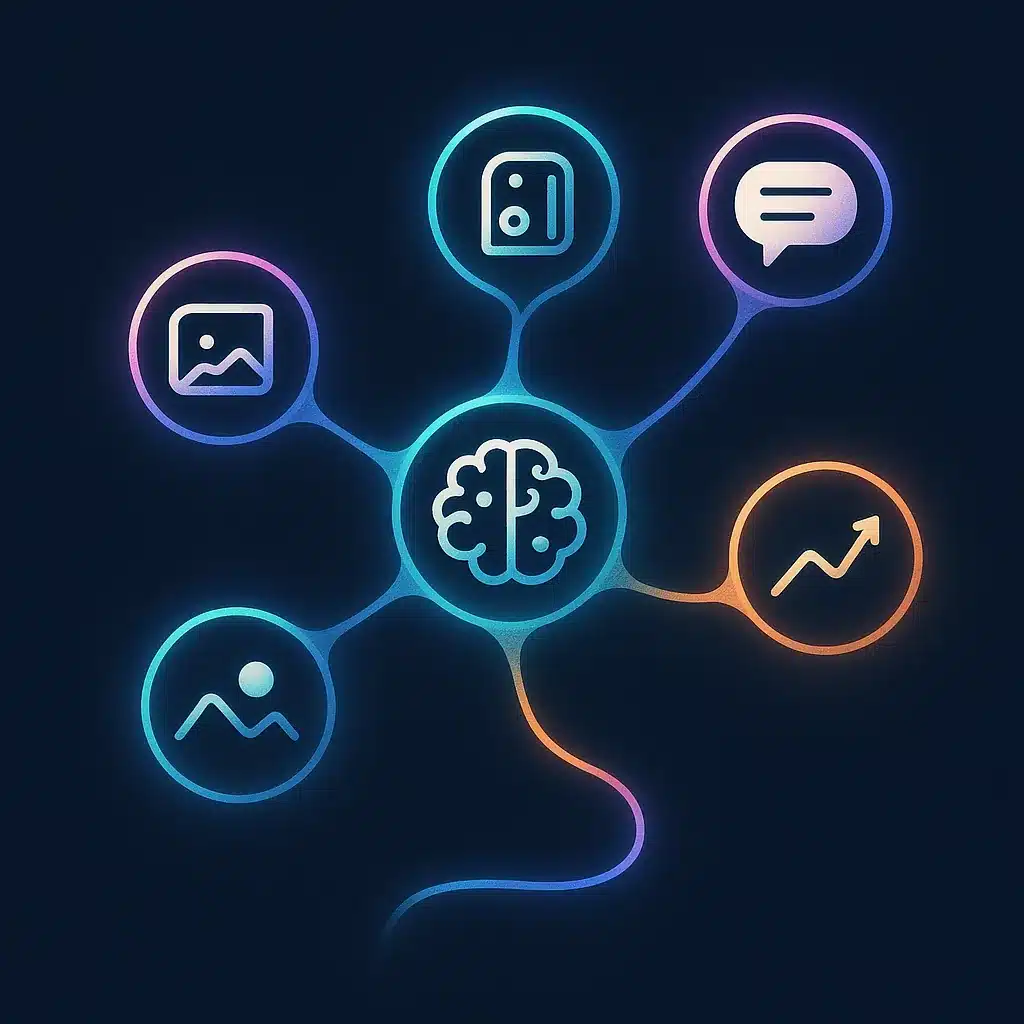 Five interconnected glowing nodes labeled with icons for machine learning, language, image recognition, content generation, and forecasting.