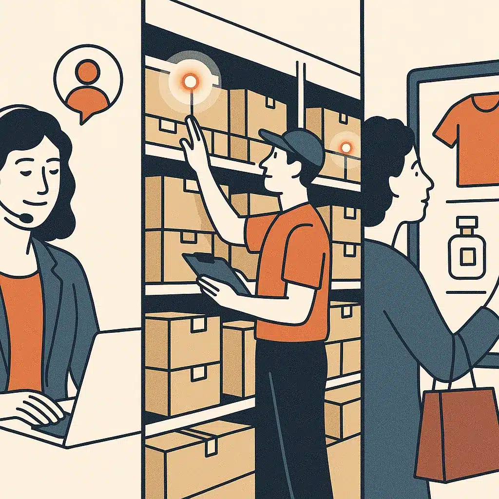 Three business environments side by side: a customer support desk, a warehouse with inventory tracking, and a retail screen with product suggestions.