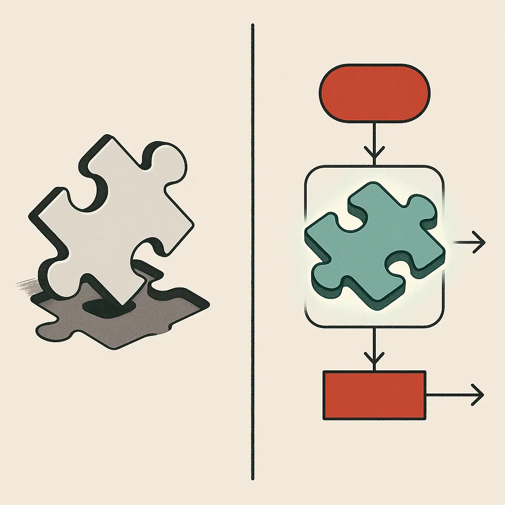 A pre-cut puzzle piece is forced into a mismatched slot on the left, while a custom-shaped piece fits perfectly into a glowing diagram on the right.