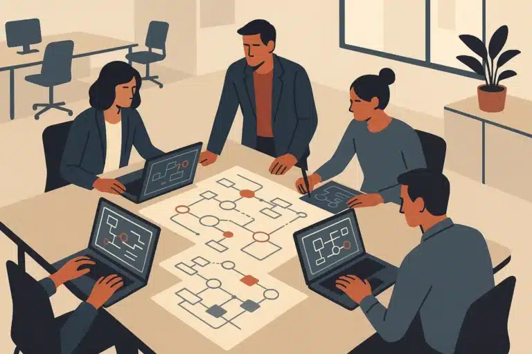 A modern open-plan office with a small team collaborating around a table filled with laptops and data diagrams.
