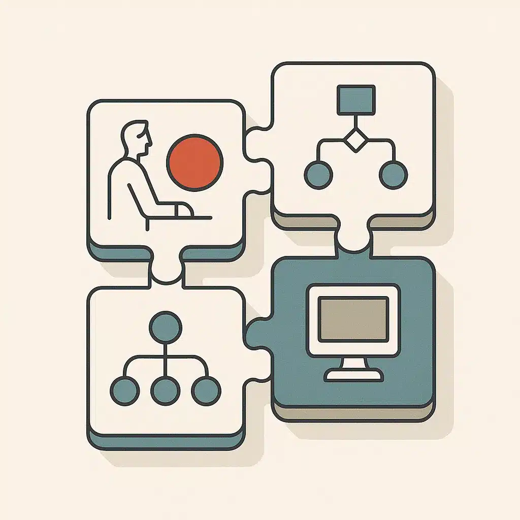 Interconnected modular blocks labeled with service categories like consulting, automation, and integration on a neutral surface.