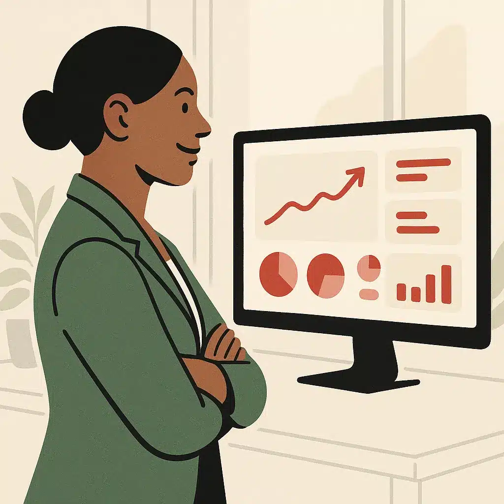 A confident operations leader reviews a performance dashboard on a large monitor in a bright modern office.