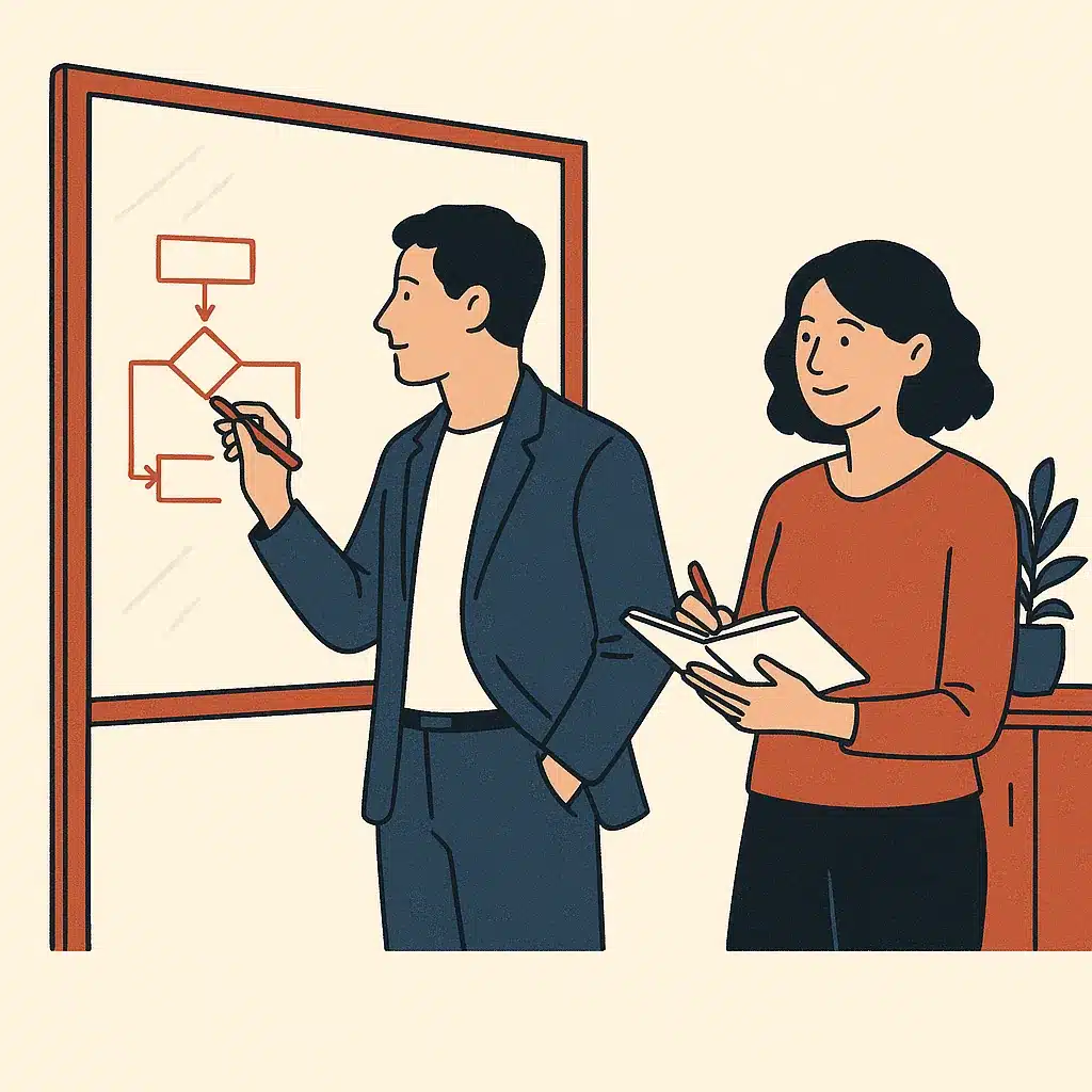 Two professionals collaborate in a meeting, one sketching on a glass whiteboard while the other reviews notes.