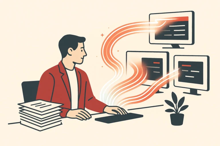 A modern workspace with paperwork transforming into streams of light and data between connected screens, symbolizing automation.