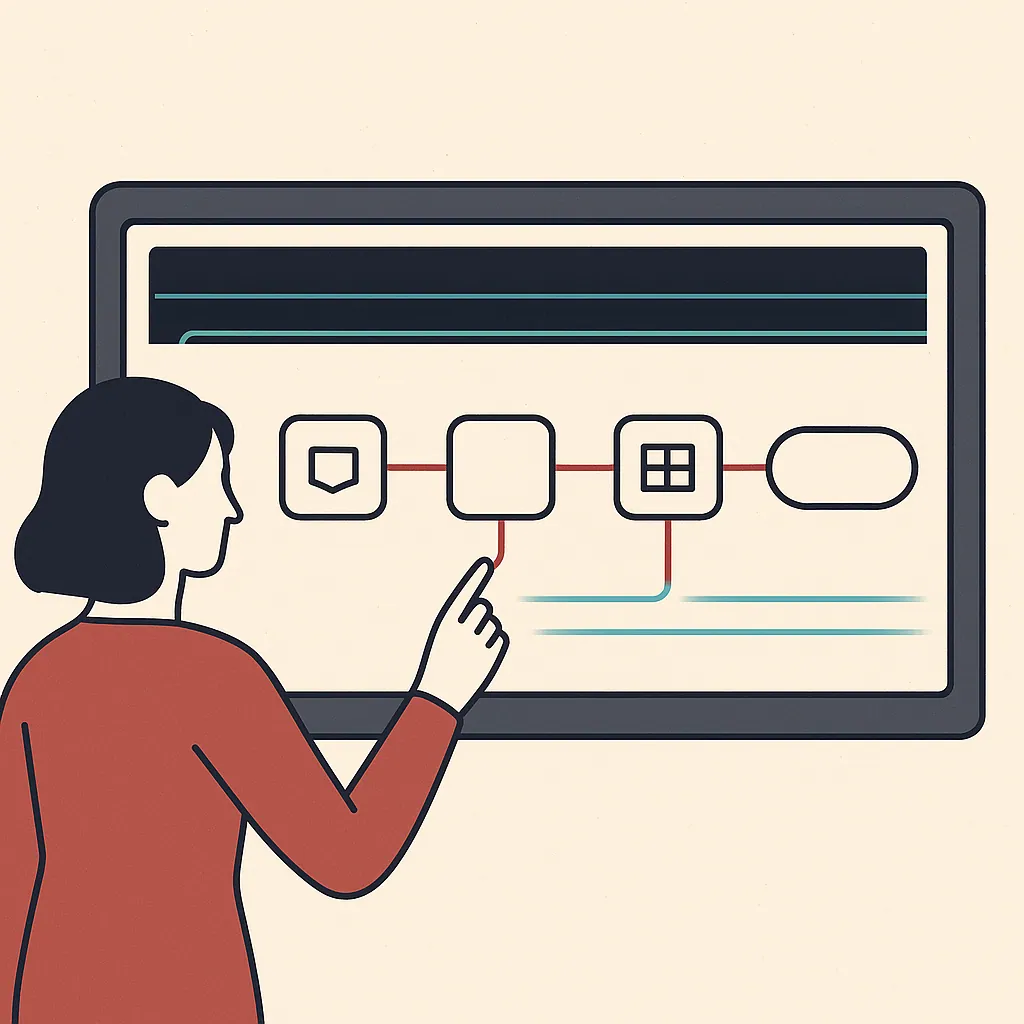 A horizontal flowchart with connected nodes representing steps in an automated workflow on a dark dashboard interface.