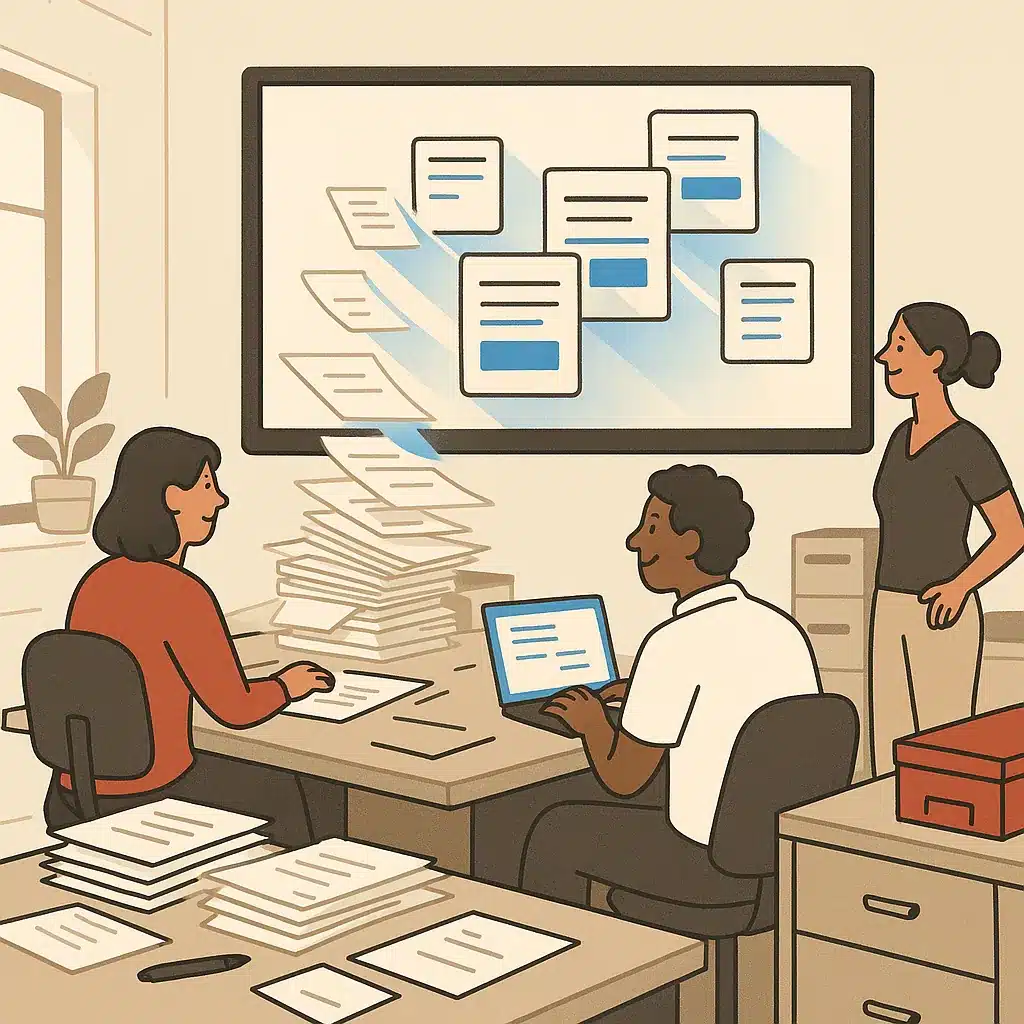 A small-business back office with desks covered in paperwork and a large monitor displaying organized digital cards for orders and invoices.