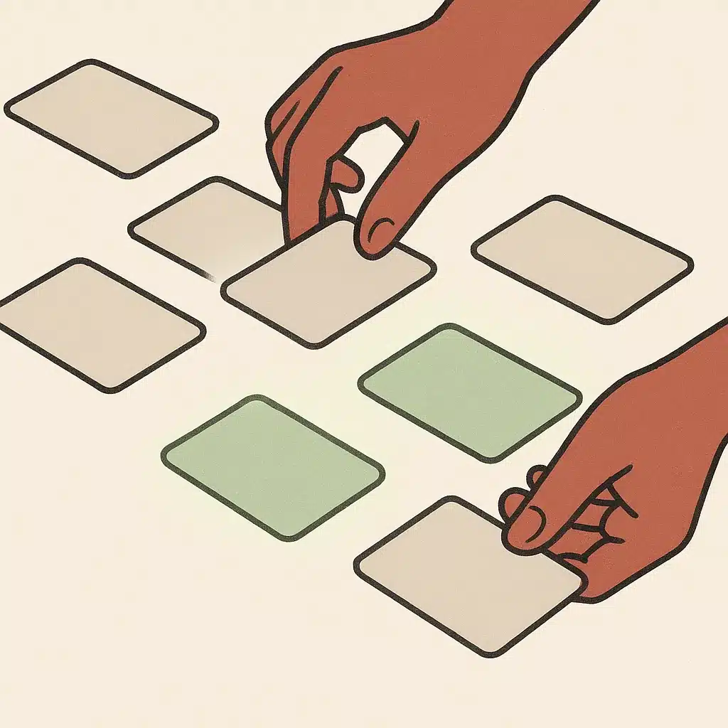 Hands sorting business process cards on a desk, with some cards glowing to indicate high-priority candidates for automation.