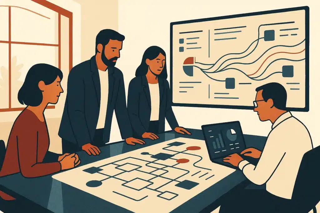 A modern office with a small team collaborating around a glass table displaying workflow diagrams and data dashboards.