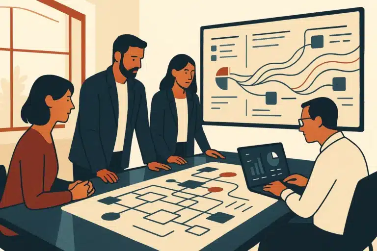 A modern office with a small team collaborating around a glass table displaying workflow diagrams and data dashboards.