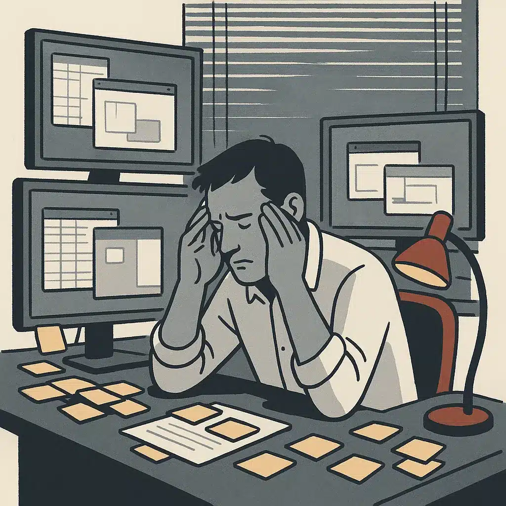 A stressed operations manager sits at a cluttered desk with multiple monitors displaying spreadsheets and software windows.