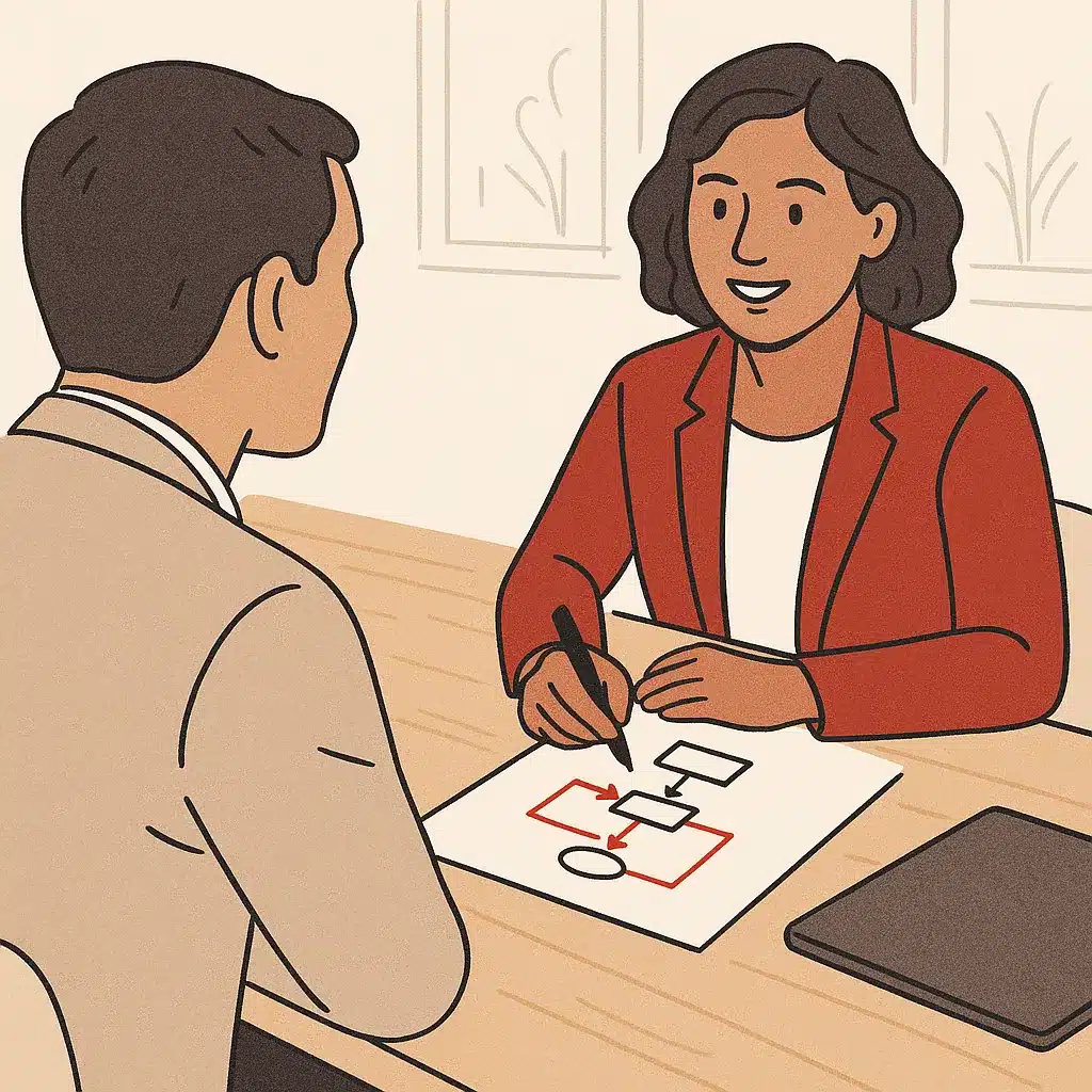 Two business people engage in conversation at a table, one sketching on paper while a closed laptop sits nearby.