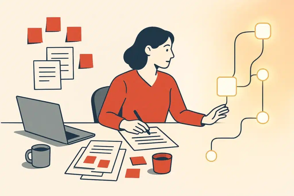 A modern workspace showing paper forms and sticky notes transitioning into digital workflow nodes, illustrating automation.