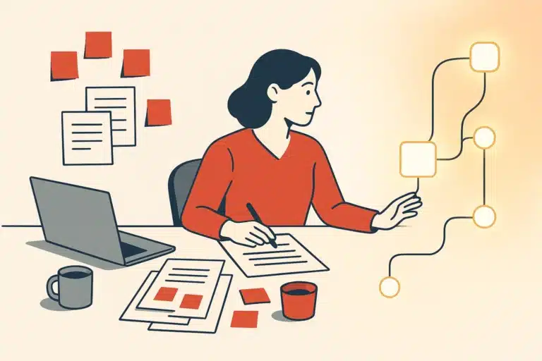 A modern workspace showing paper forms and sticky notes transitioning into digital workflow nodes, illustrating automation.