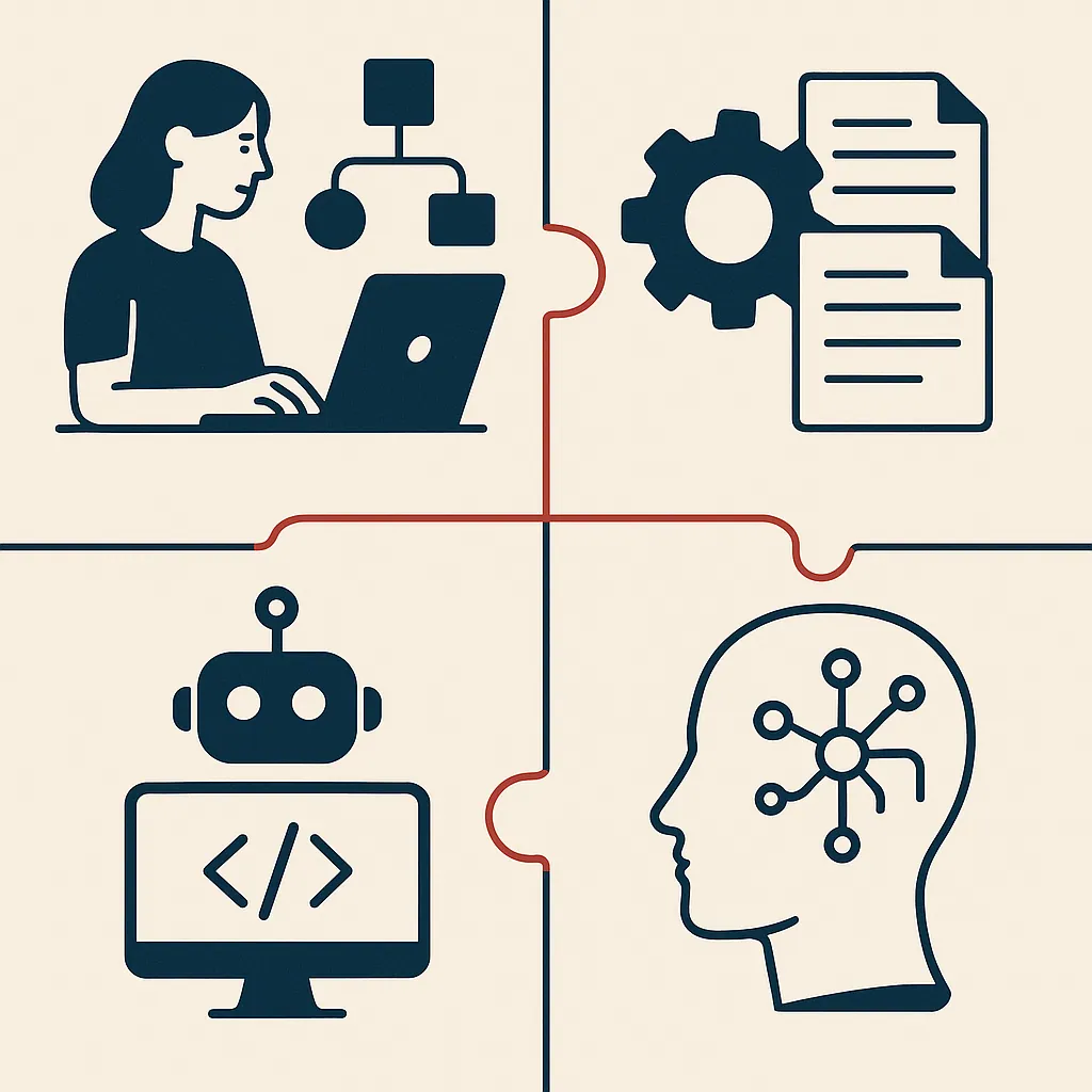 Four connected panels illustrating workflow automation, BPA, RPA, and intelligent AI automation with icons and flowing lines.