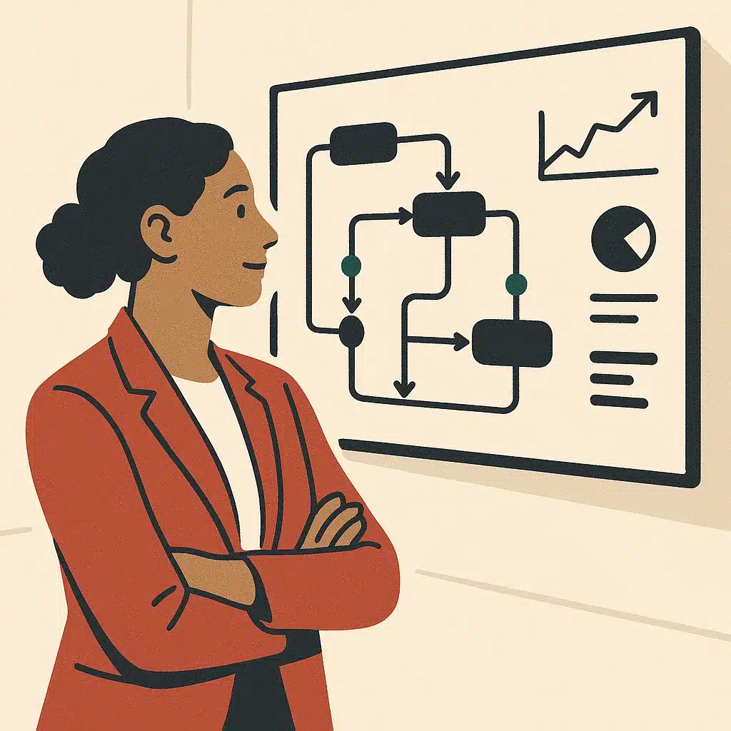 A confident operations manager reviews a wall-mounted dashboard displaying process flows and real-time metrics in an office.